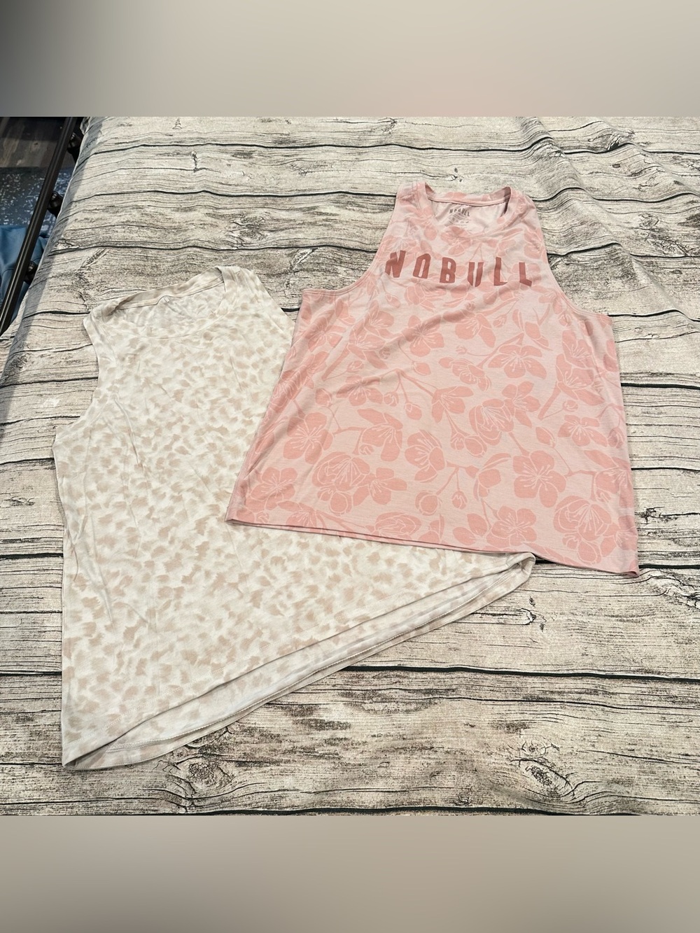 2 Workout Tanks: NOBULL Pink Floral and Calia by Carrie Underwood Beige Size Med